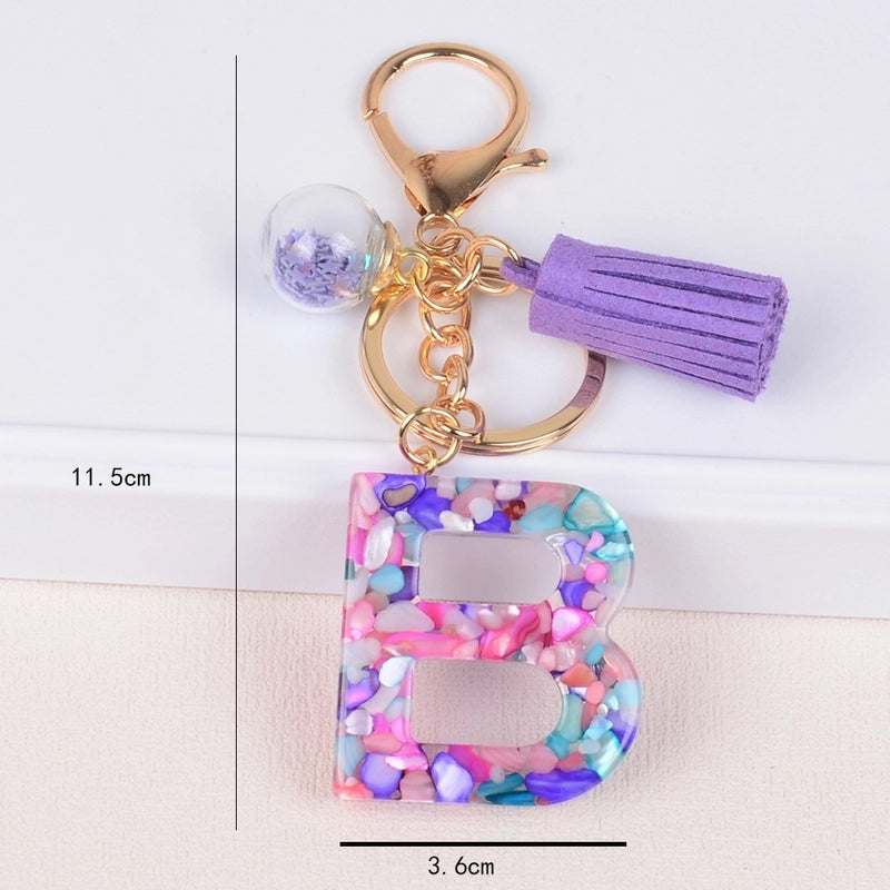 Fashion Style 26 English Letters Keychain Crystal Epoxy Color Stone Letter Tassel Pendant Bag