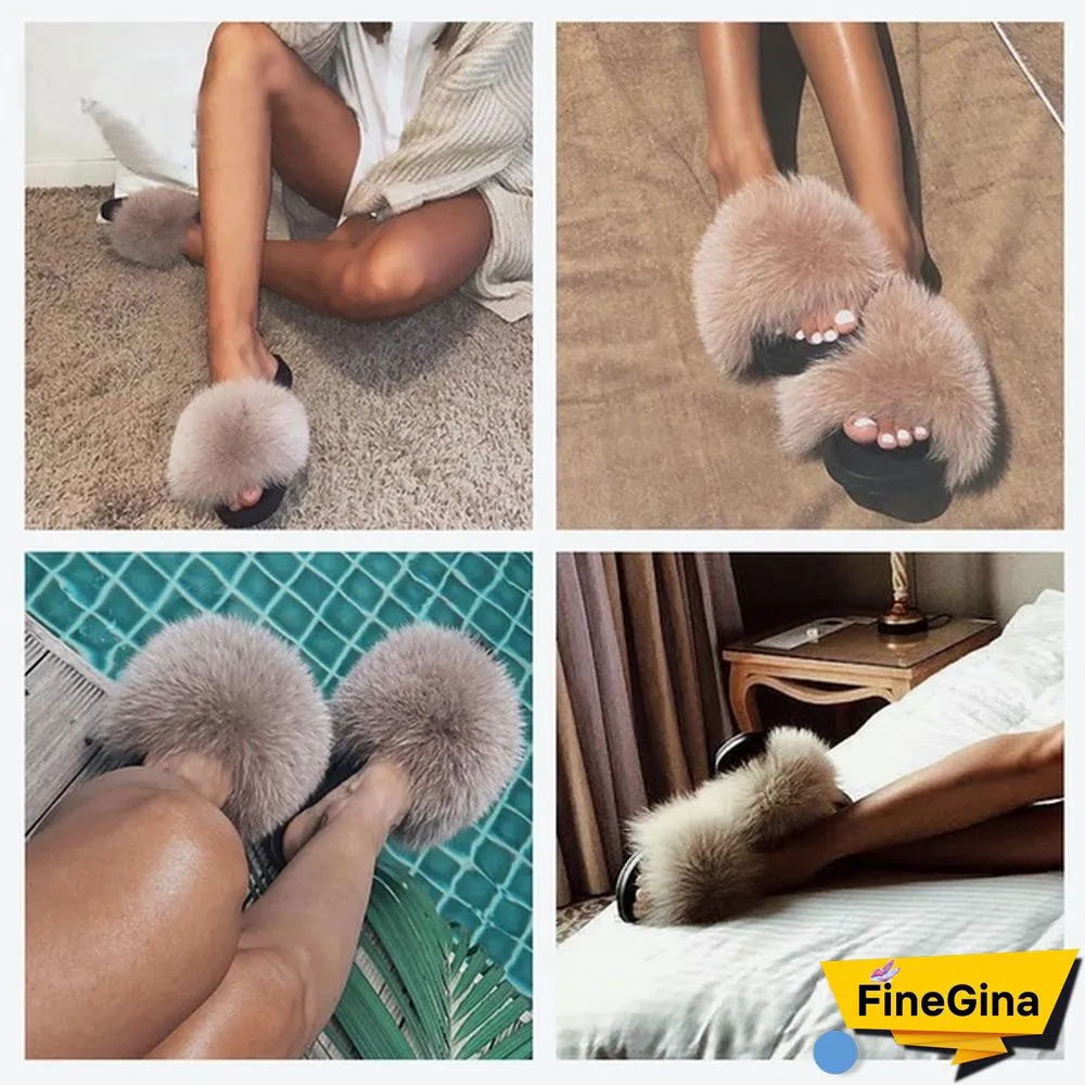 New Hot Fashion Ladies Girls Hairy Slippers Women Fox Fur Slippers Sandals Fluffy Fur Slides Beach Shoes Plus Size