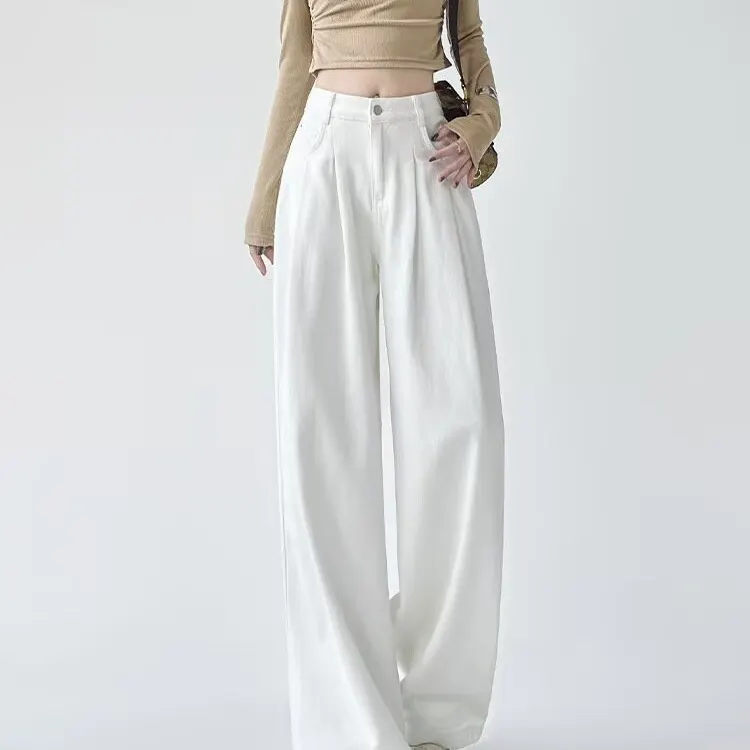 Women's White High-Waisted Pleated Wide-Leg Jeans
