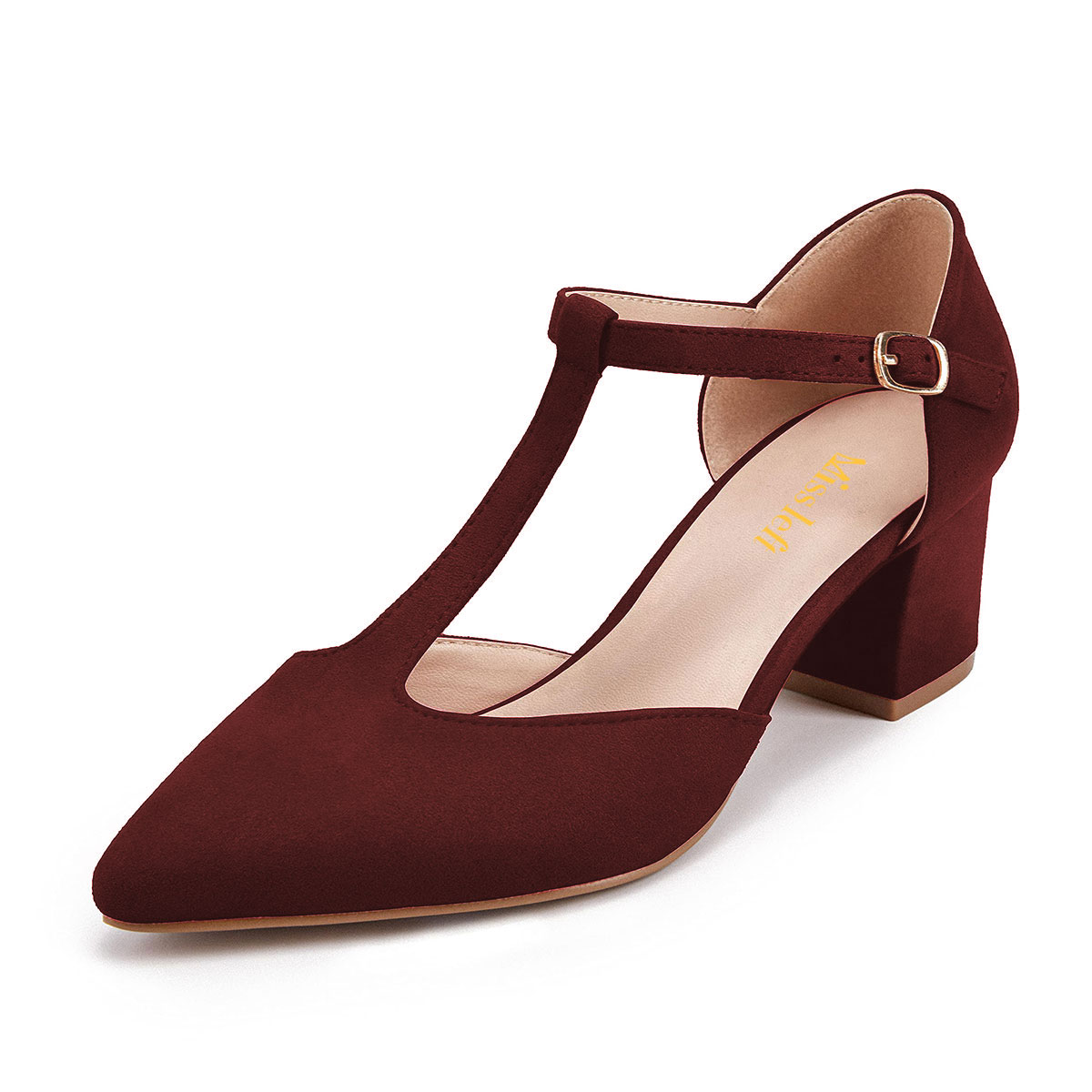 Maroon Vegan Suede T-Strap Pointed Toe Pumps Heels with Buckle Nicepairs