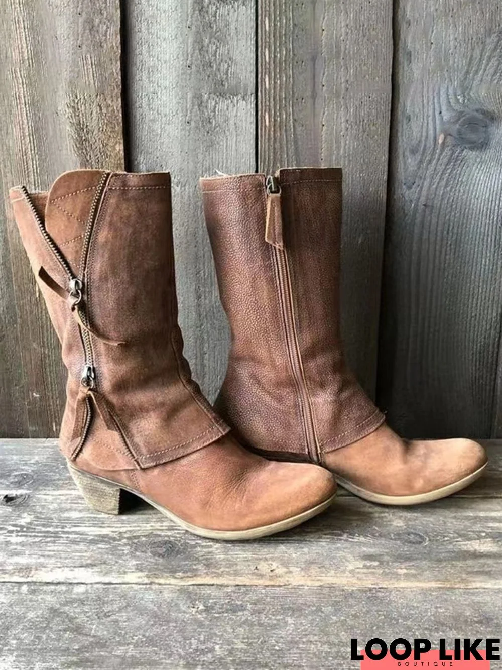 Zip-Panel Vintage Block Heel Western Cowboy Boots