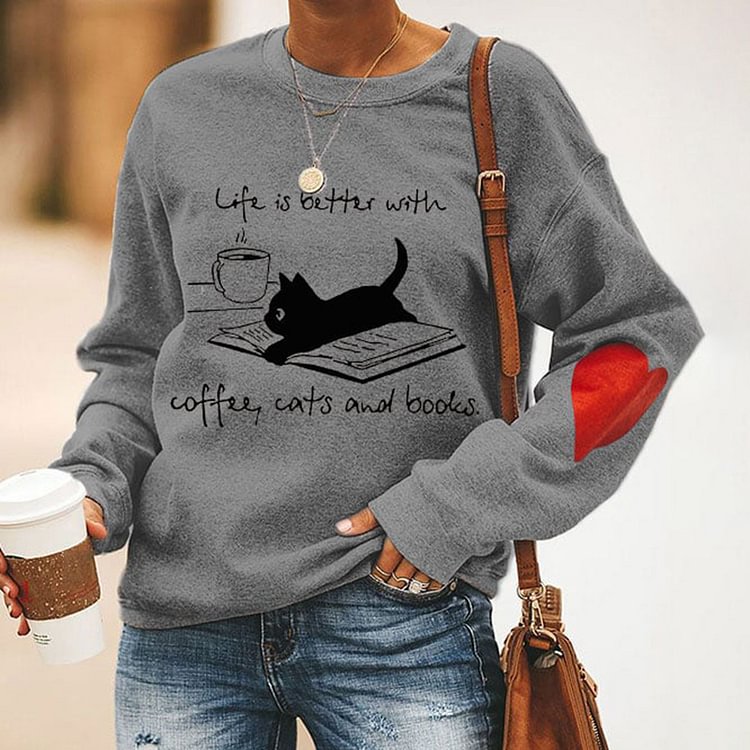 Comstylish Women's Life Is Better With Coffee Cats And Books Casual Letter Print Sweatshirt