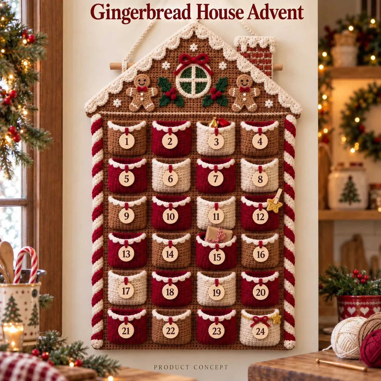 Finished Gingerbread House design of the crochet Advent calendar