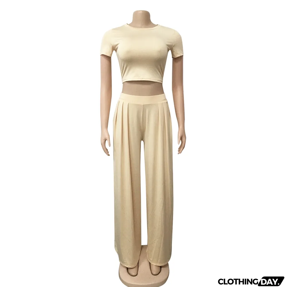 Summer Sexy Plain Crop Top and Pleated Loose Pants Set