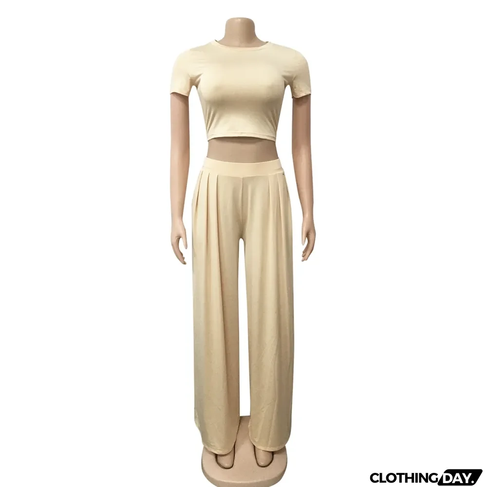 Summer Sexy Plain Crop Top and Pleated Loose Pants Set