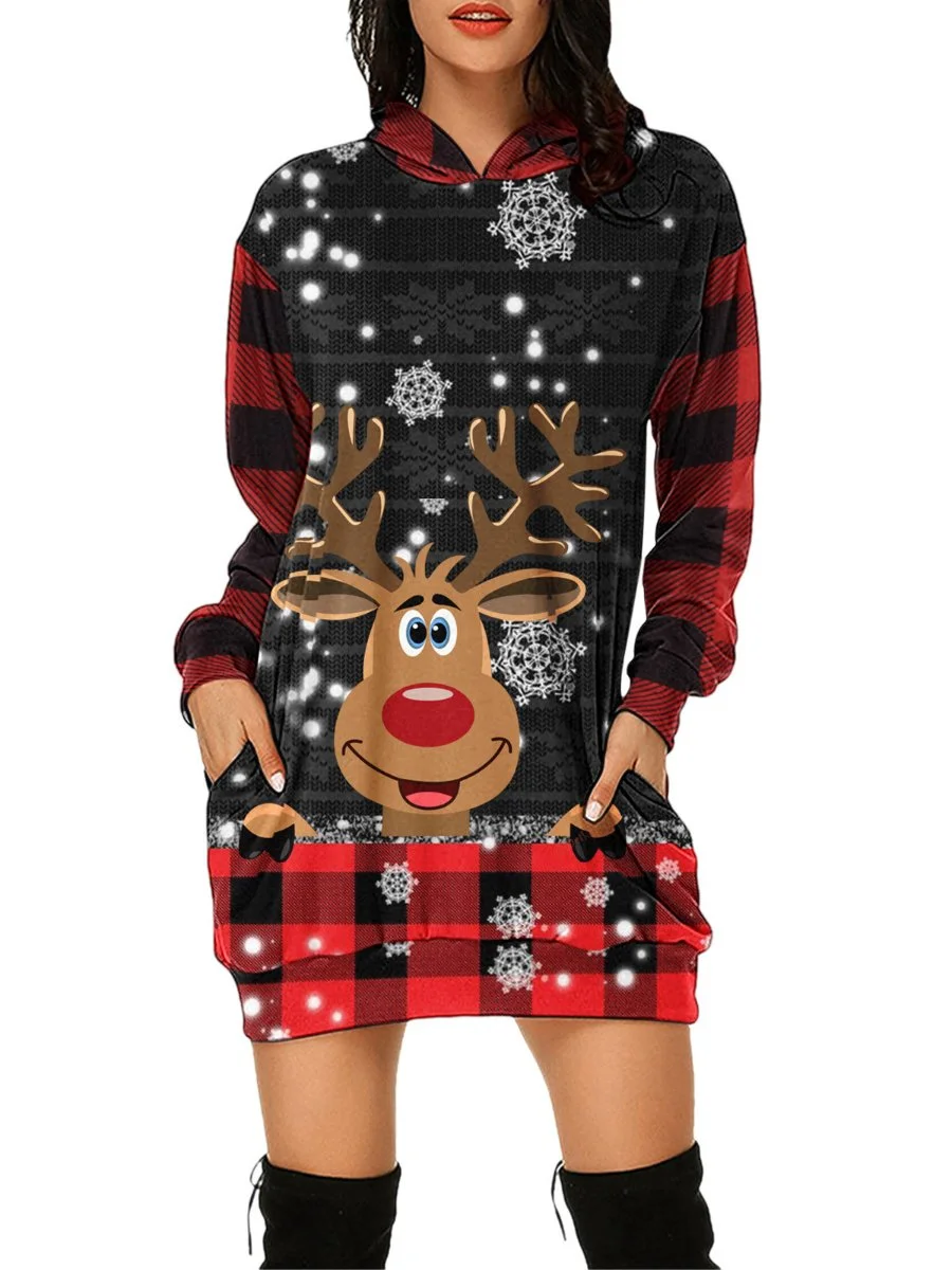 Women's Dress Christmas Long Sleeve Pocket Print Pullover Hoodie Dress