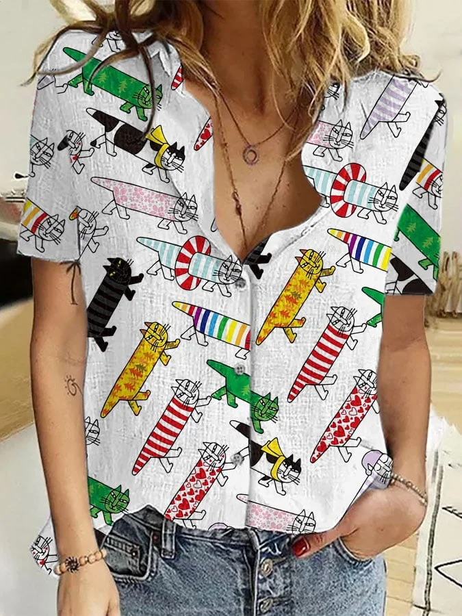 Women's Abstract Cat Print Shirt