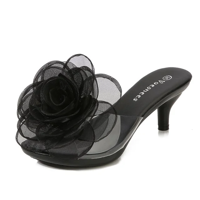 Qengg Solid Color Feather Fairy Slippers Summer Transparent Sandals Thin High Heels Sexy Fur Crystal 6cm Low Heel Derss Women Shoes