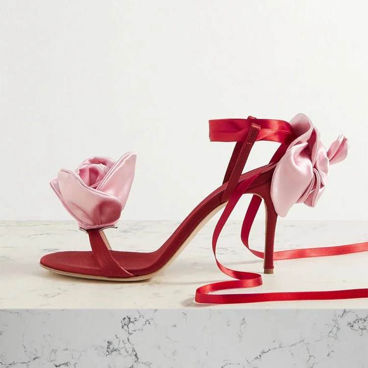 Red Open Toe Flower Satin Wedding Shoes Women's Strap Heels Sandals |FSJ Shoes