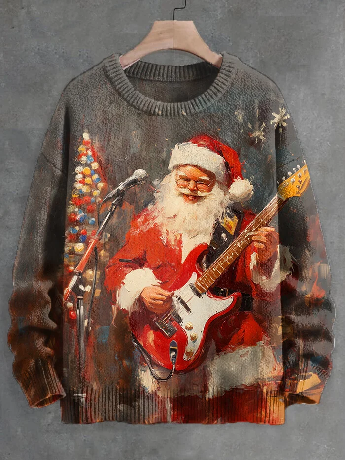 Men's Oil Painting Santa Claus Playing Guitar And Singing Print Knit Sweatshirt
