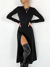 Solid Color Round-Neck Long Sleeve Split-Side Buttoned Simple Midi Dress