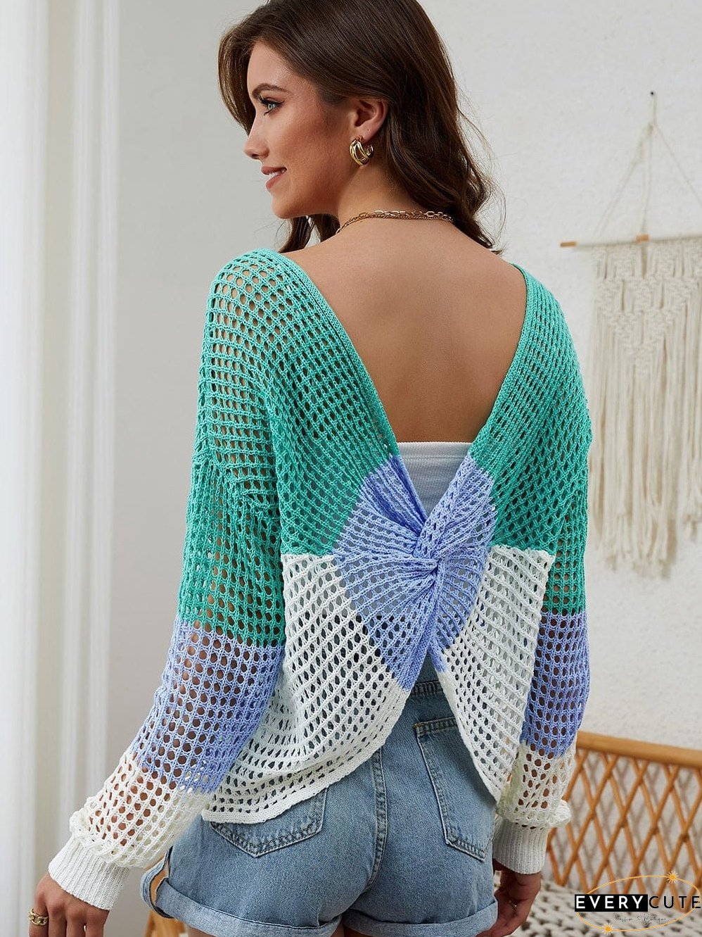 Colorful Eyelet Twist Back Knit Top with Long Sleeves