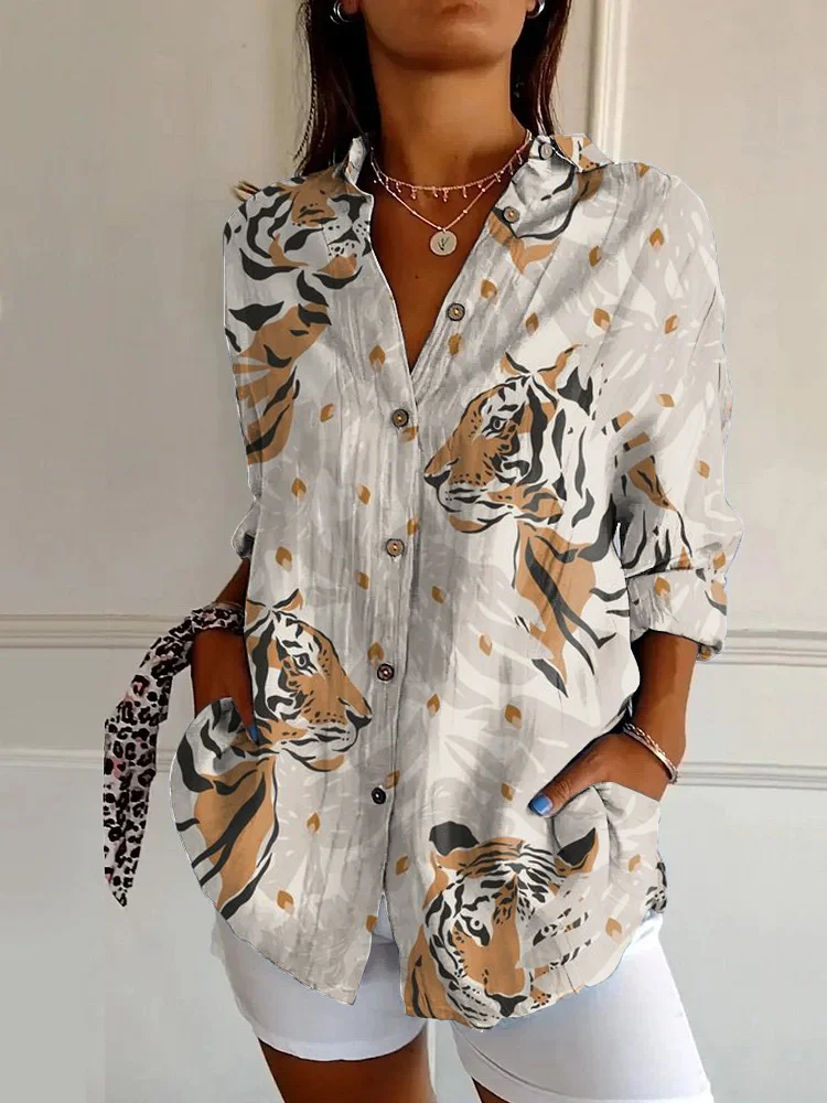 Vintage Tiger Art Print Casual Long Sleeve Shirt