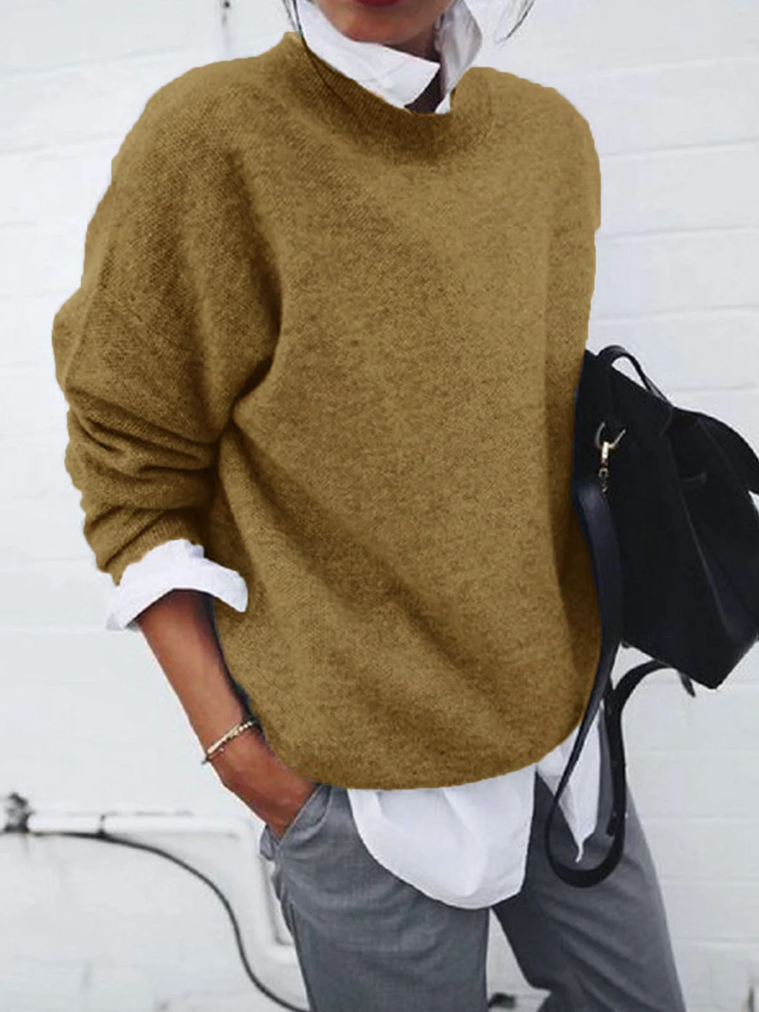 Brownm Autumn Long Pullover Solid Color Knitted Sweaters