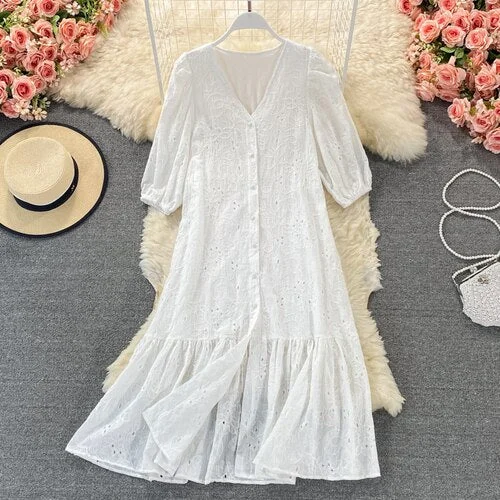 FTLZZ New Summer A Line V Neck Hollow Out Single Breasted Women Mid-Calf Dresses Casual Solid Short Lady Dress