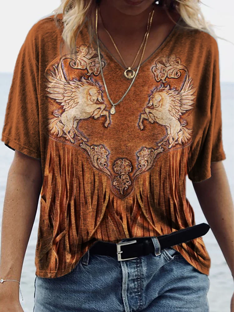 Horses Floral Carved Tassels V Neck T Shirt