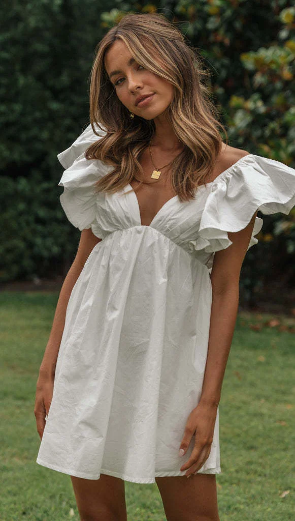 Fashion V-neck Short Dress With Ruffle Sleeves | IFYHOME