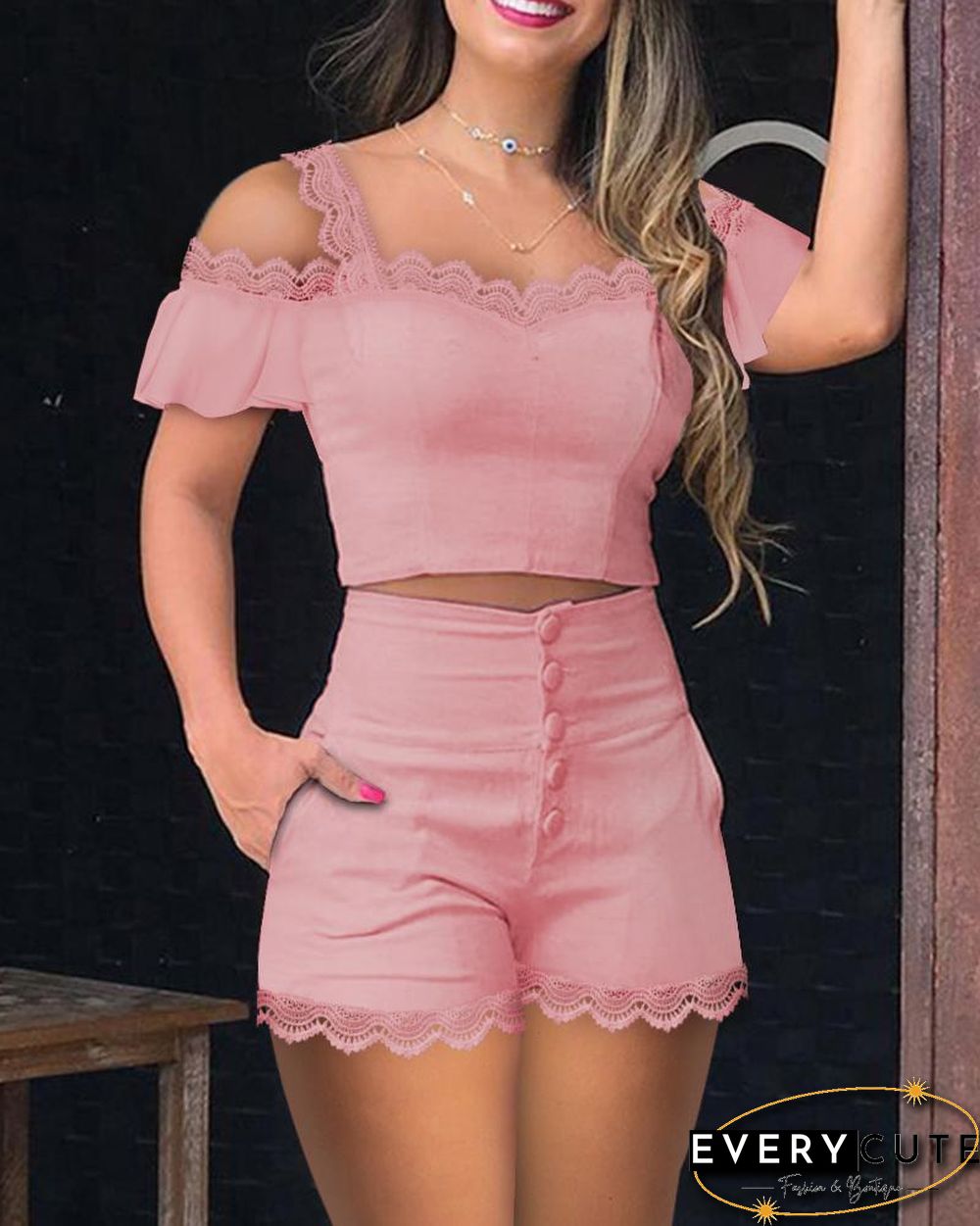 Cold Shoulder Lace Trim Top & Buttoned Shorts Set P10881