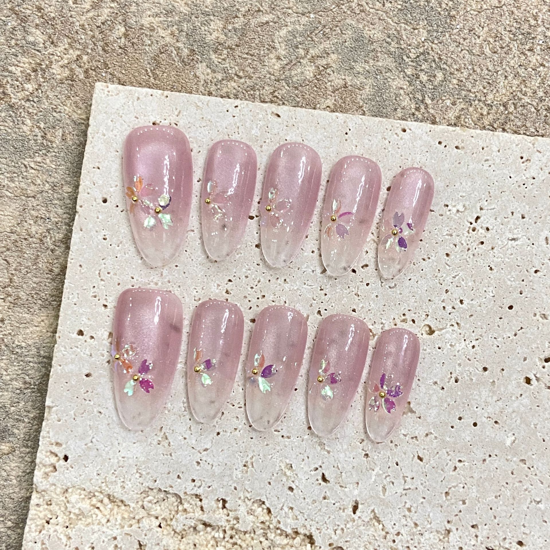 Pink Cat Eye Ice Clear Almond press on Nails