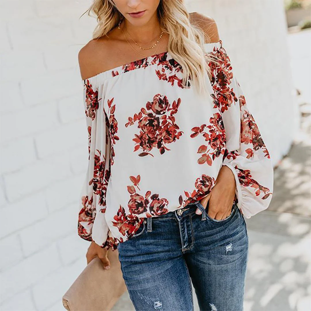 Sexy Off Shoulder Floral Printed Long Lantern Sleeve Blouses