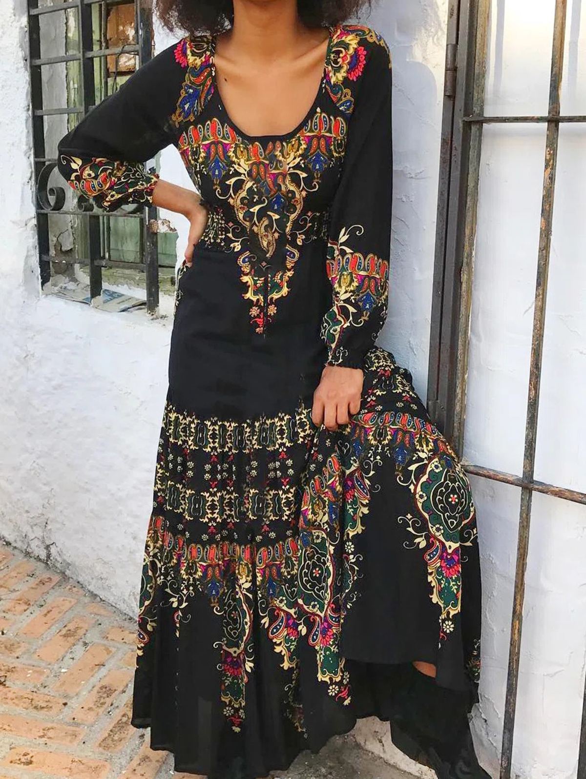 Vintage Boho U Neck Long Sleeve Maxi Dress