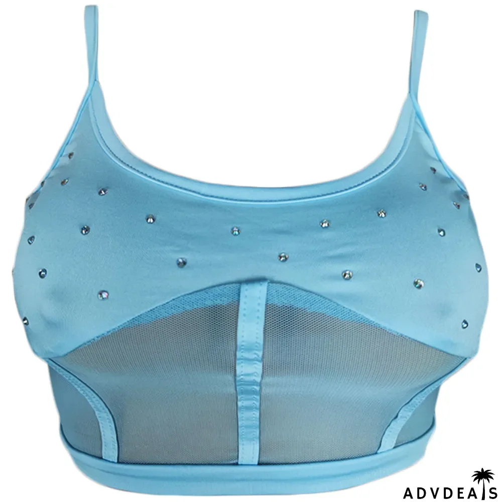 Solid Color Stitching Mesh Top Camisole Suit