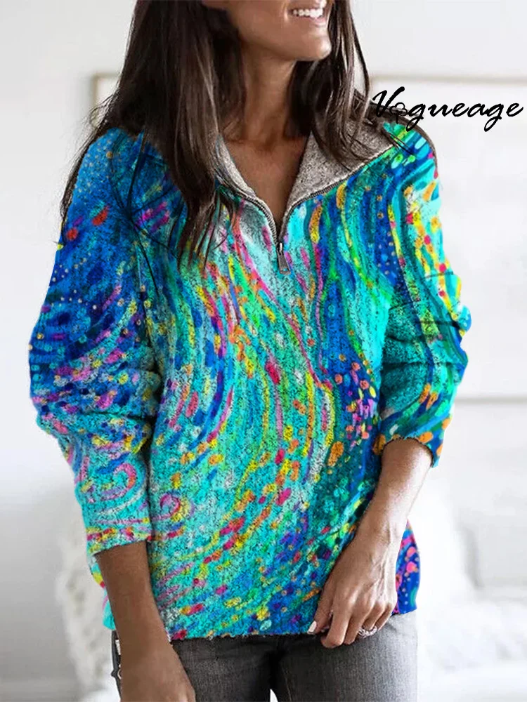 Bright Simple Watercolor Lines Spots Zippered Long-Sleeved Sweater