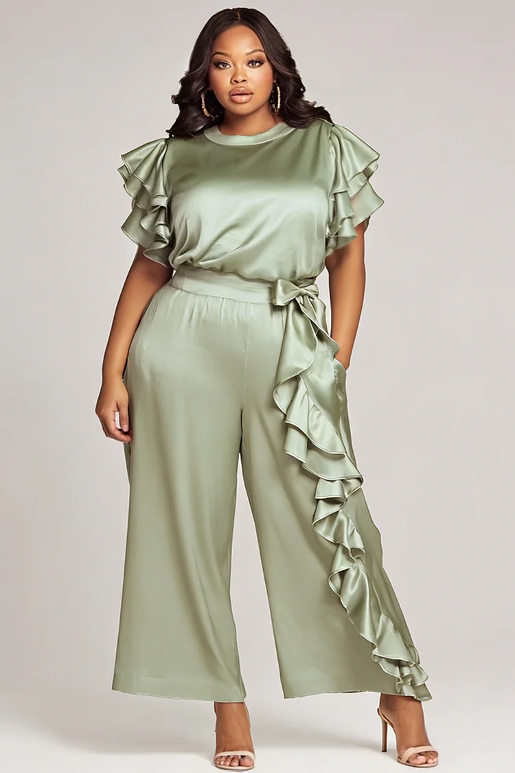 Xpluswear Design Plus Size Vacation Sage Green Round Neck Flutter Sleeve Short Sleeve Ruffle Pocket Satin Jumpsuits [Pre-Order] 2024 - Xpluswear