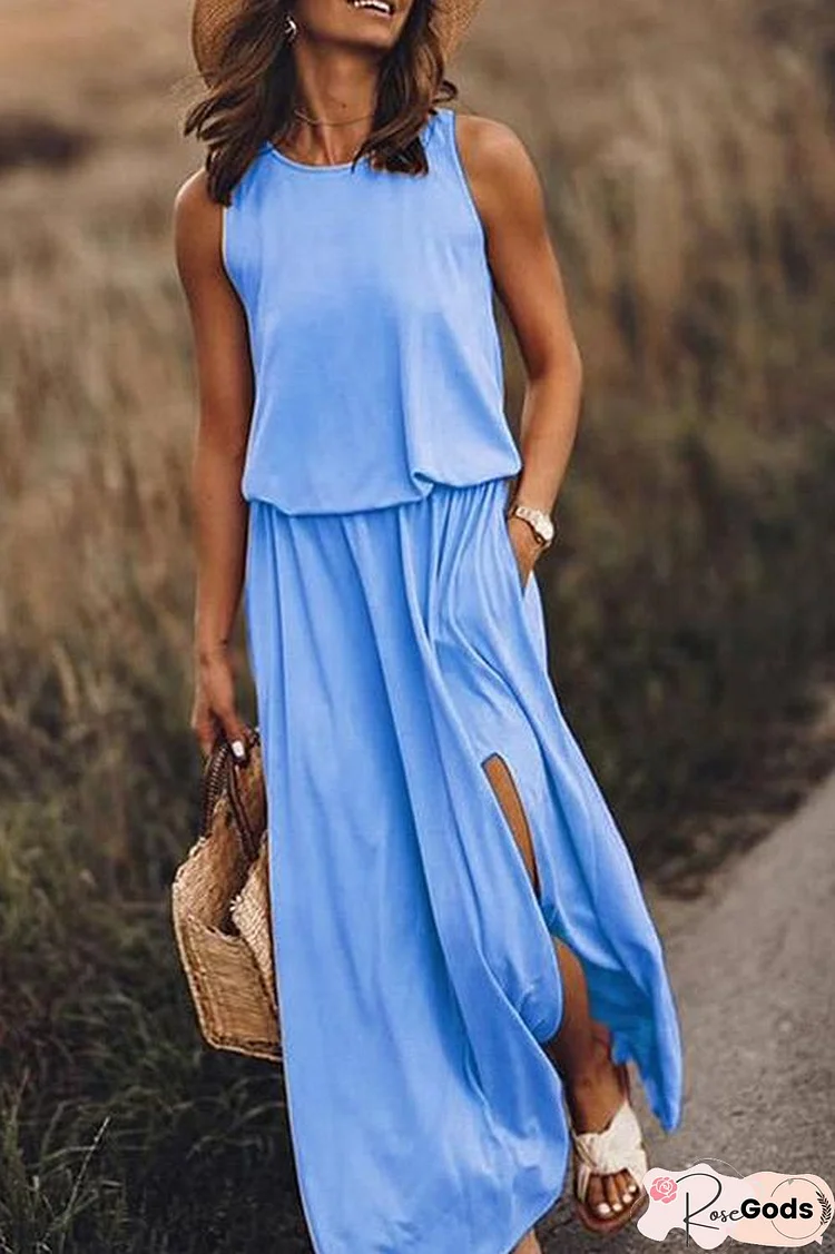 Pockets O Neck Sleeveless Slit Maxi Dress