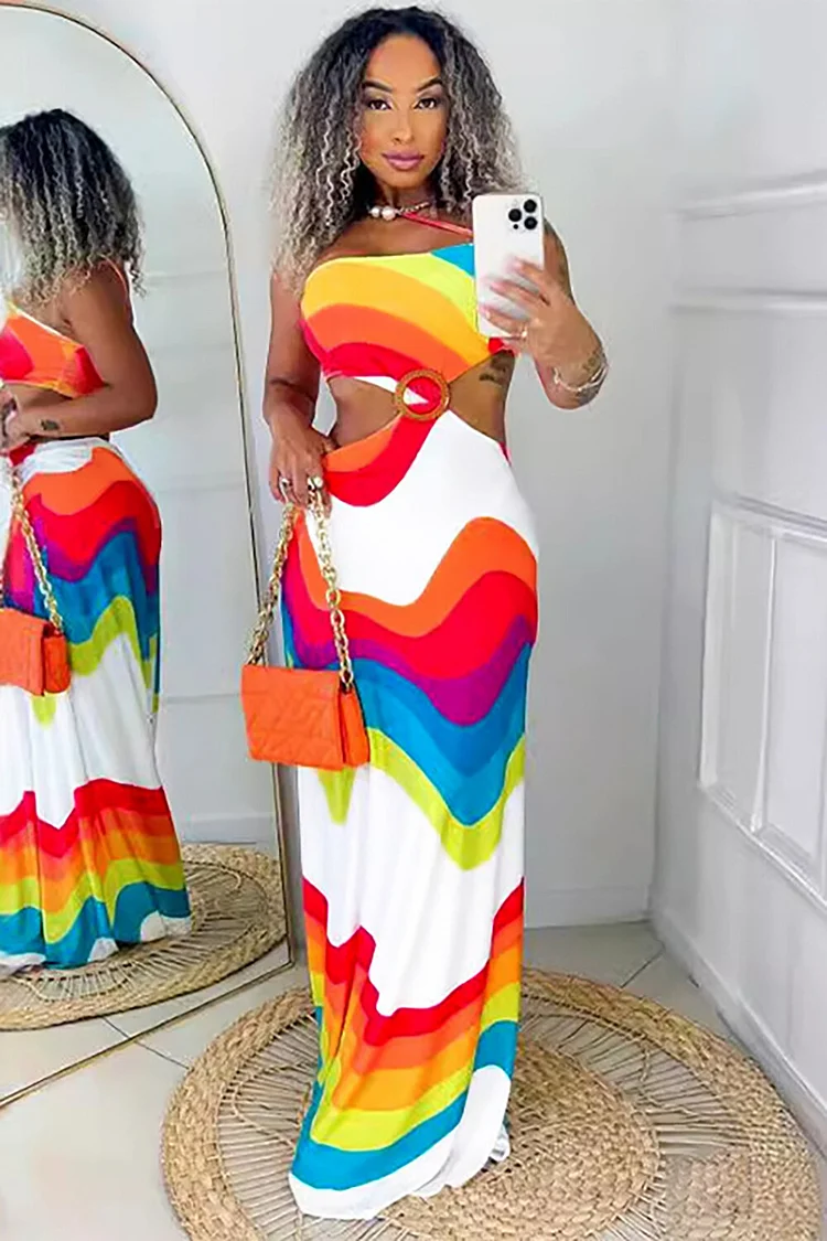 Rainbow Colored Print Cutout Slim Fit Sleeveless Maxi Dresses-Red
