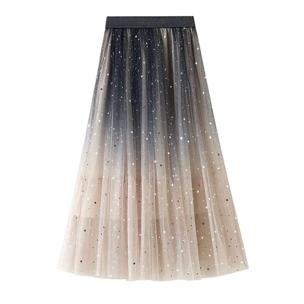 Jangj Kpop Gradient Color Tulle Skirt Glitter Star Women Fairy High Waist Mesh Pleated Skirts Korean Fashion E Girl Gauze Pettiskirt