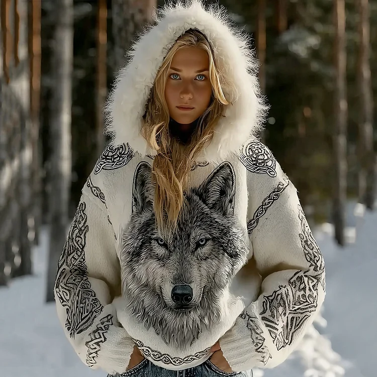 Women's Viking Celtic Wolf Knot Pattern Art Fur Trim Hoodie
