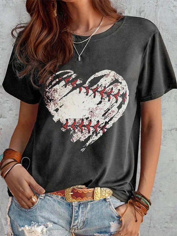 Women's Baseball Heart Print Short Sleeve T-Shirt socialshop
