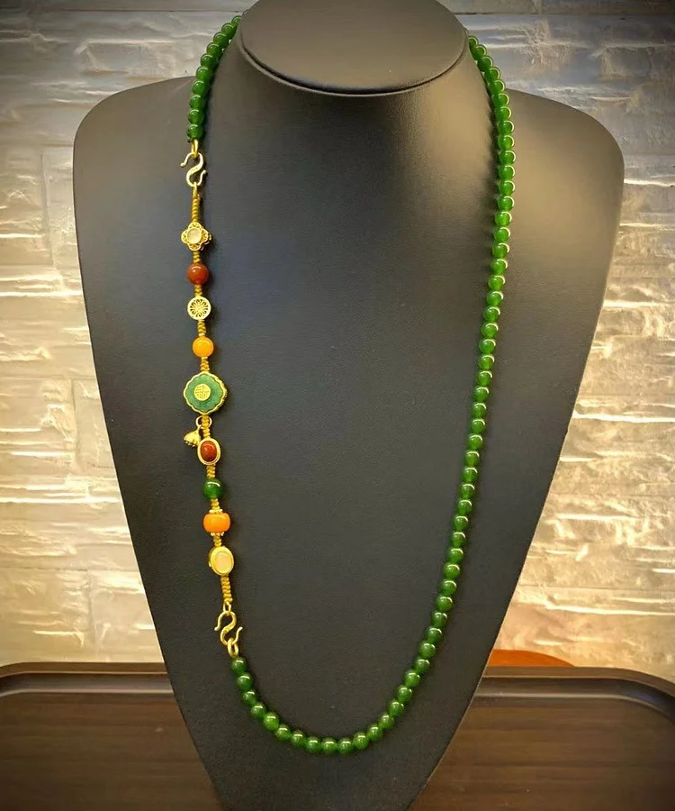 Handmade Green Hand Woven Beading Gem Stone Detachable Pendant Necklace
