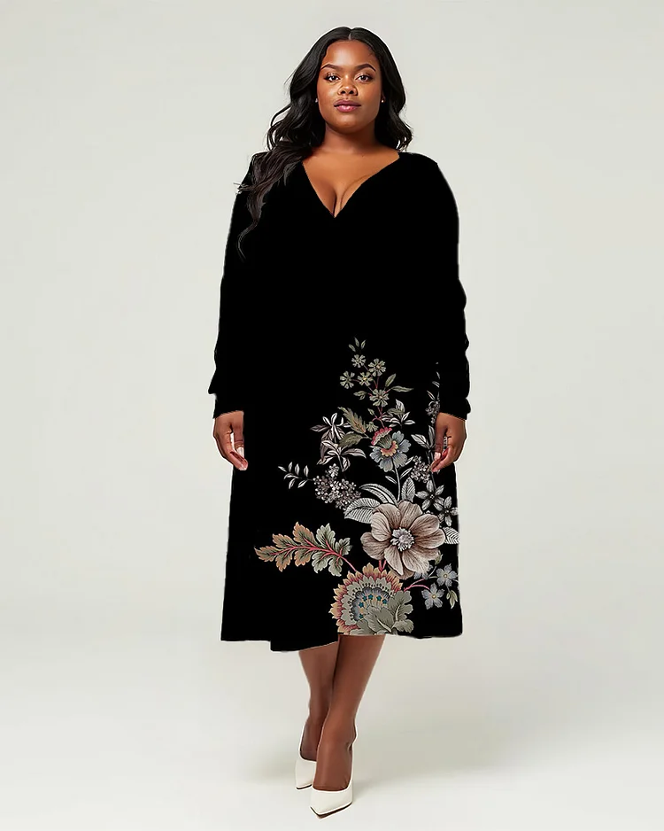 Plus Size Women's Elegant Hem Print Long Sleeve V Neck Dress