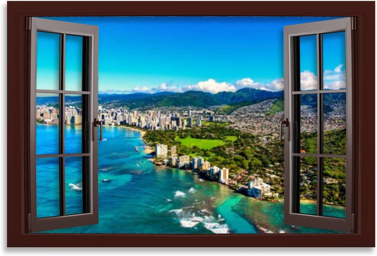 Canvas Wall Poster Artwork Picture Honolulu Hawaii from Above Art Painting Framed Print Bedroom Home Living Room Office Decoration Gift 23 inch X34 inch  Color1