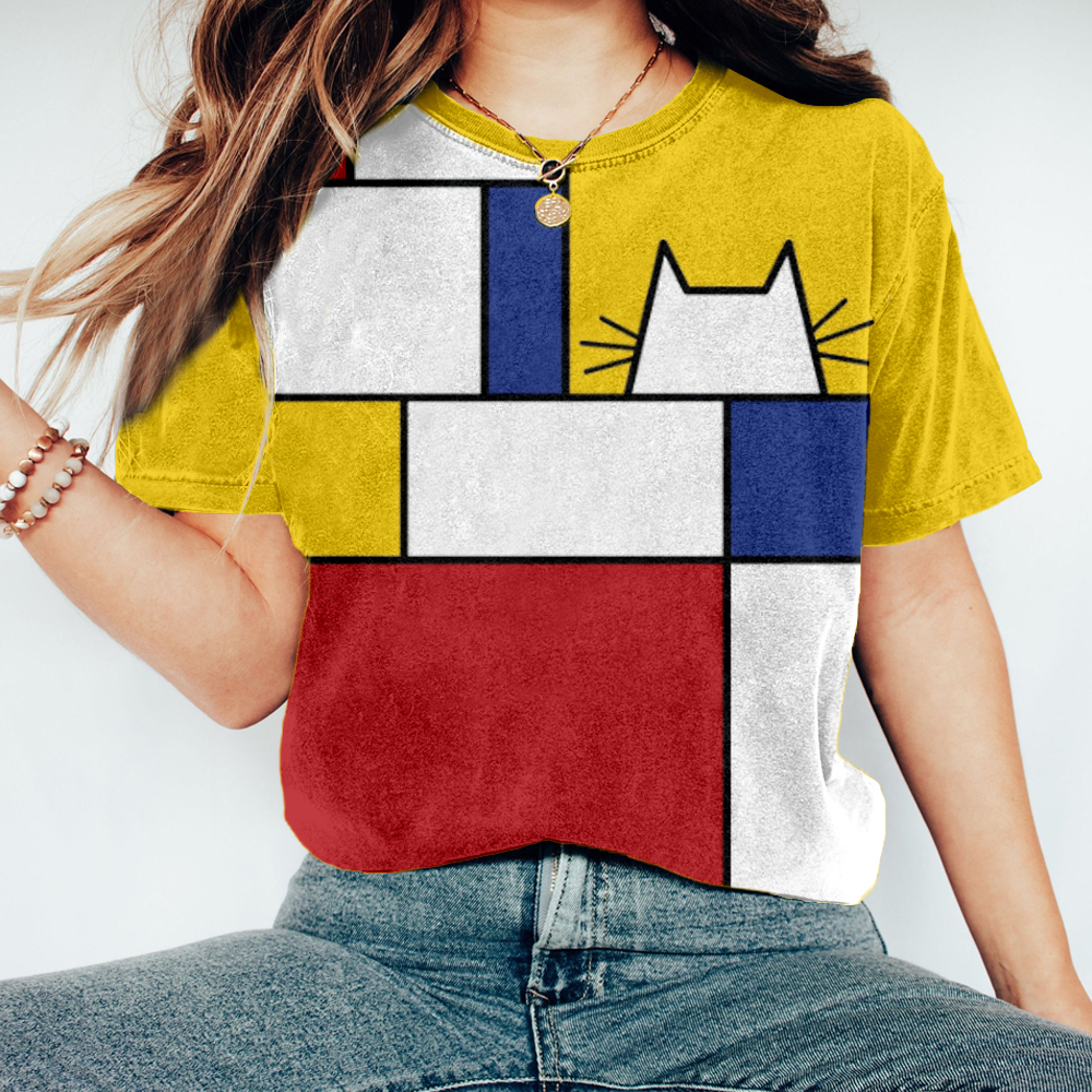 Comstylish Simple Geometric Cat Pattern Washed T Shirt