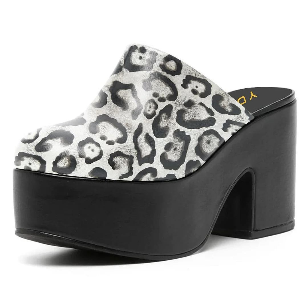 Black & White Block Heel Platform Mules Shoes with Leopard Print