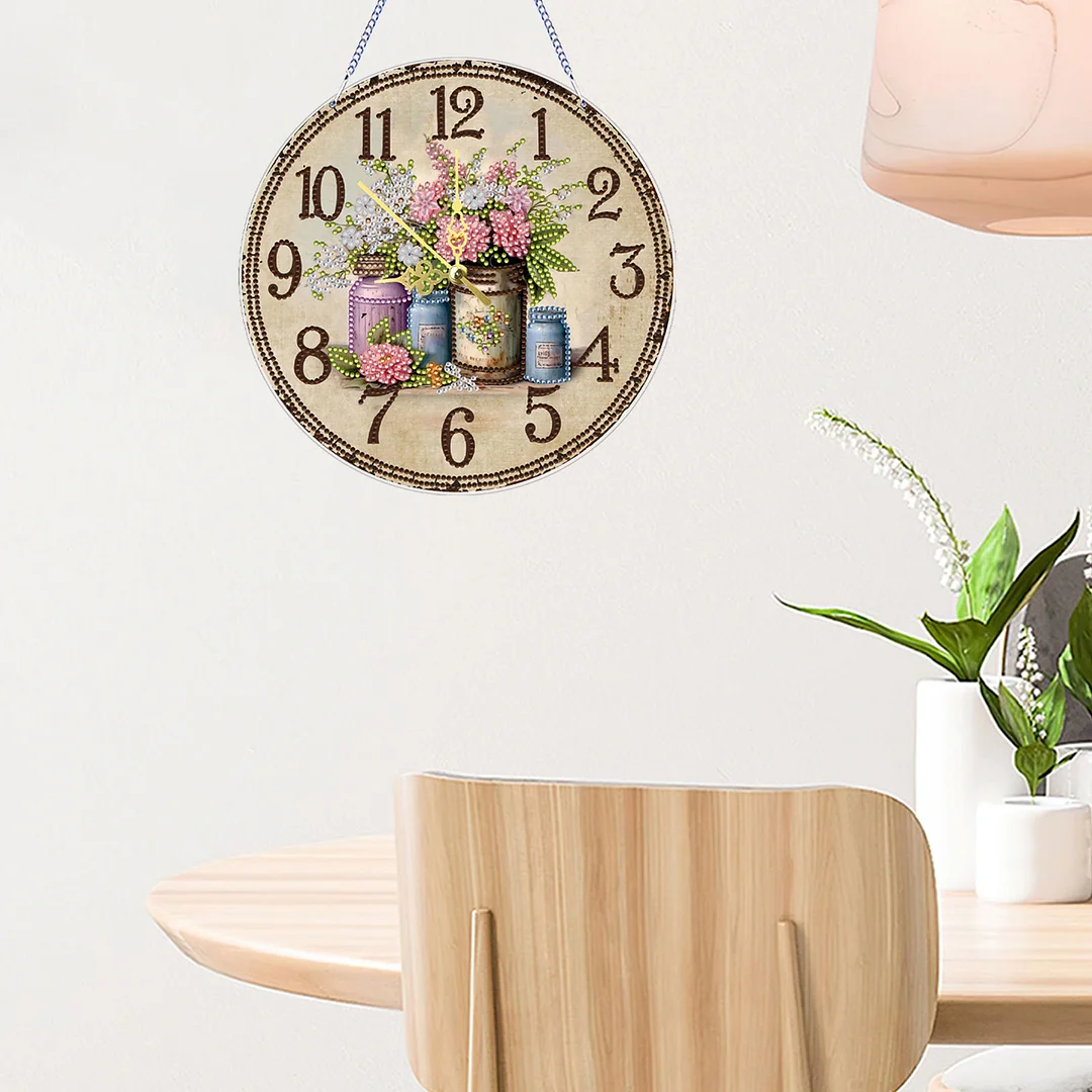 2D DIY Acrylic Vintage Vase Diamond Art Painting Clock Pendant w/ Clock Function