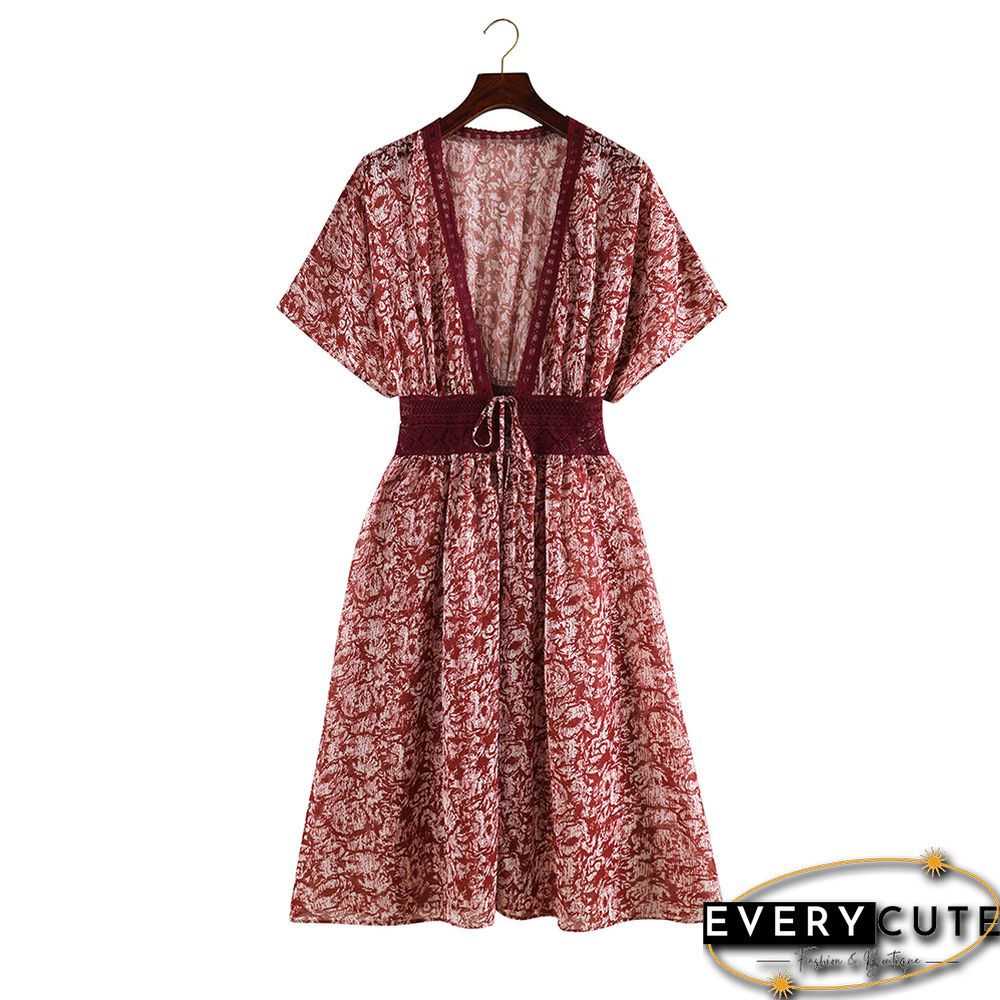 Rust Red Chiffon & Lack Long Kimono Beach Cover