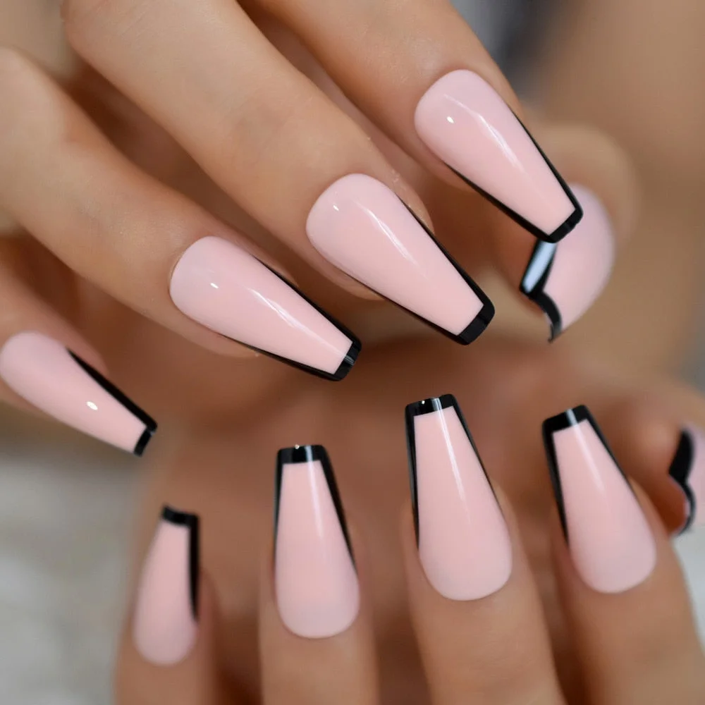 Trapezoid French Nail Nude Pink Color False Nails Black Top Long Tapered Coffin Nail Art Tips Thick Reusable with Adhesive Tabs-Nail Inspo