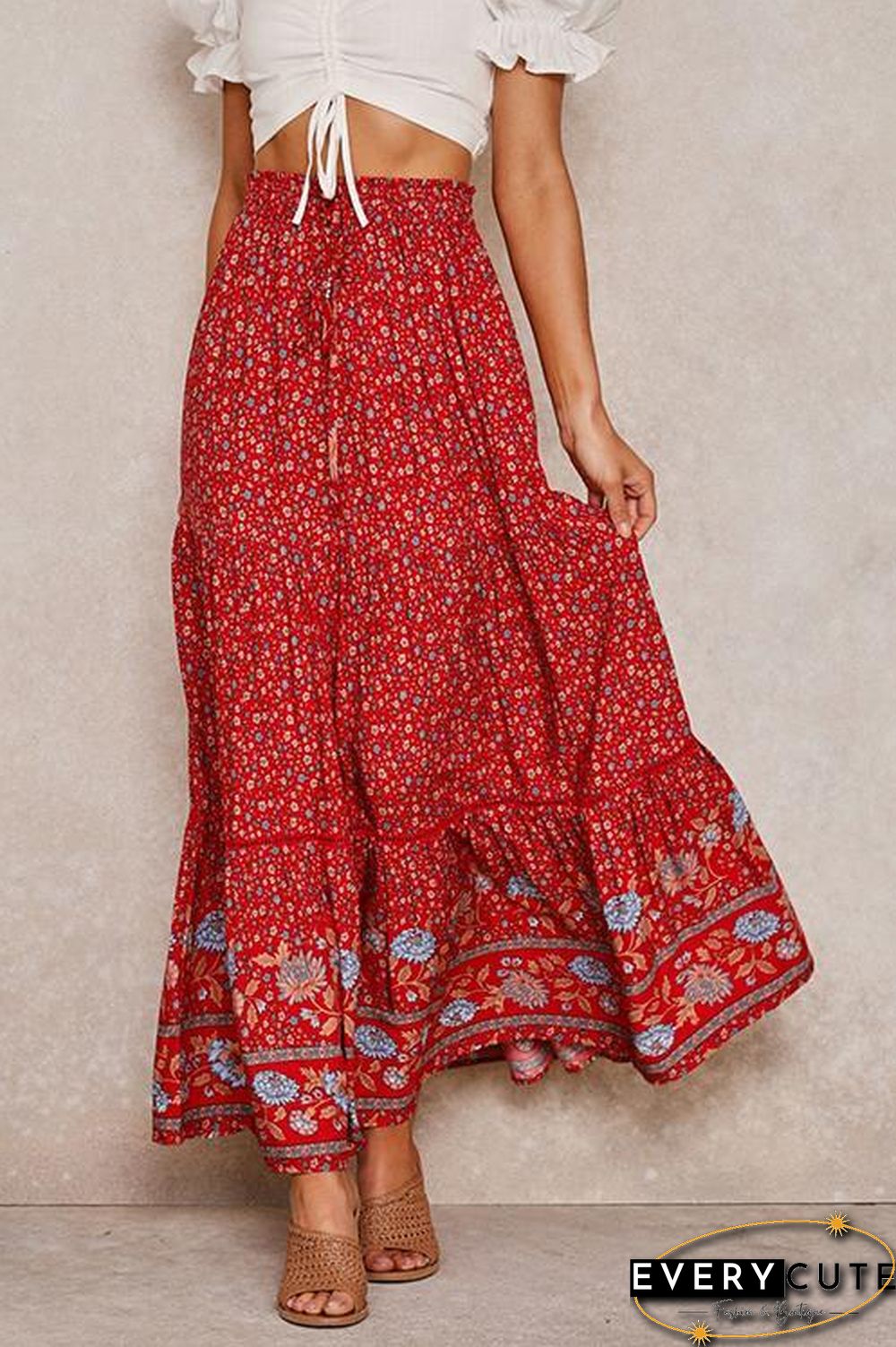 Floral Print Drawstring Waist Maxi Skirts