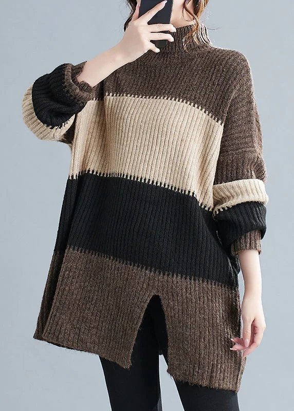 Loose Coffee Turtleneck Side Open Patchwork Cotton Knit Sweaters Winter