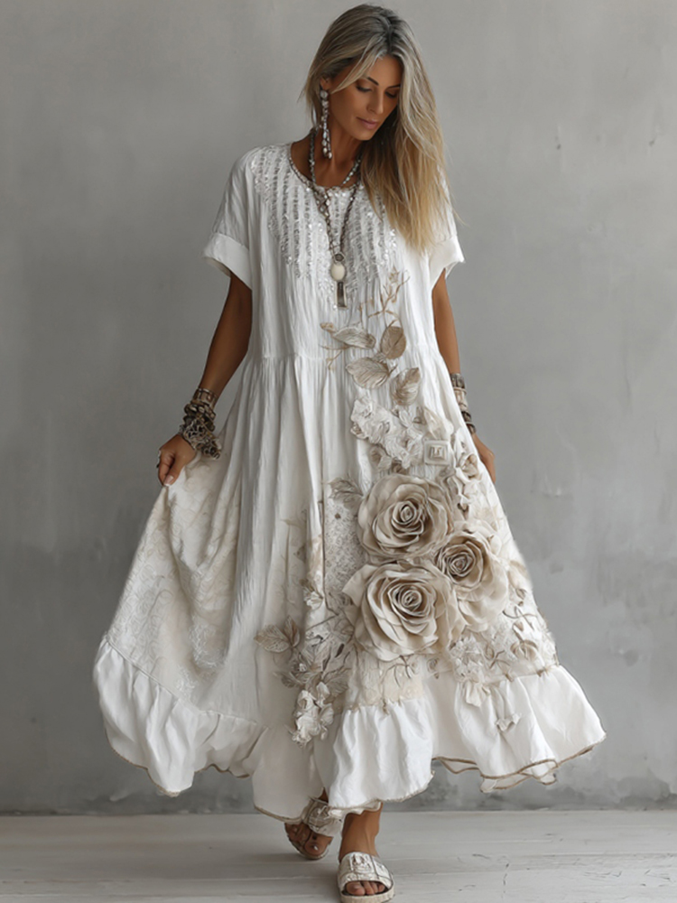 Women's White Rose Embroidery Art Round Neck Short Sleeve Linen Blend Midi Dress Women's White Rose Embroidery Art Round Neck Short Sleeve Linen Blend Midi Dress - Image 1