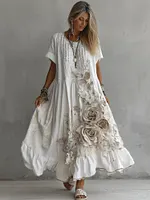 Women's White Rose Embroidery Art Round Neck Short Sleeve Linen Blend Midi Dress