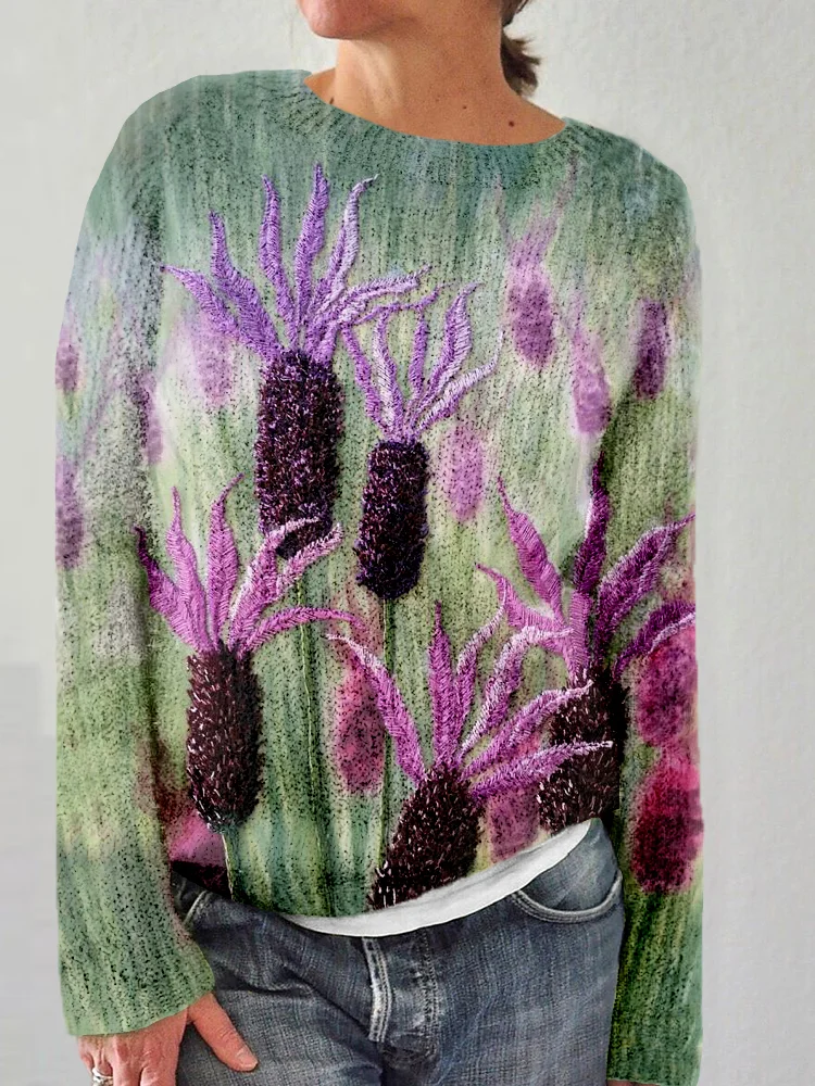 Lavender Embroidery Art Crew Neck Cozy Knit Sweater