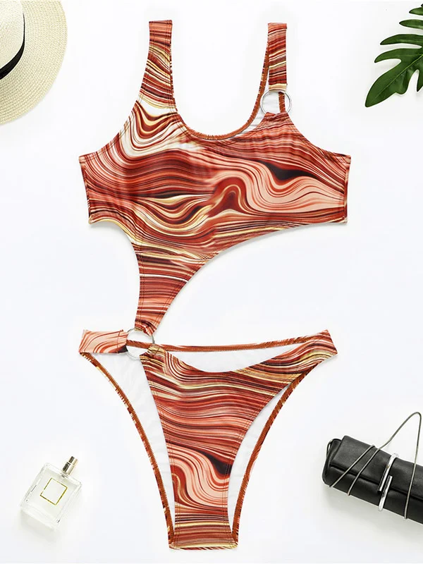 Fashion Asymmetrical Belly-Hollow Wave Printed One-Piece Swimwear