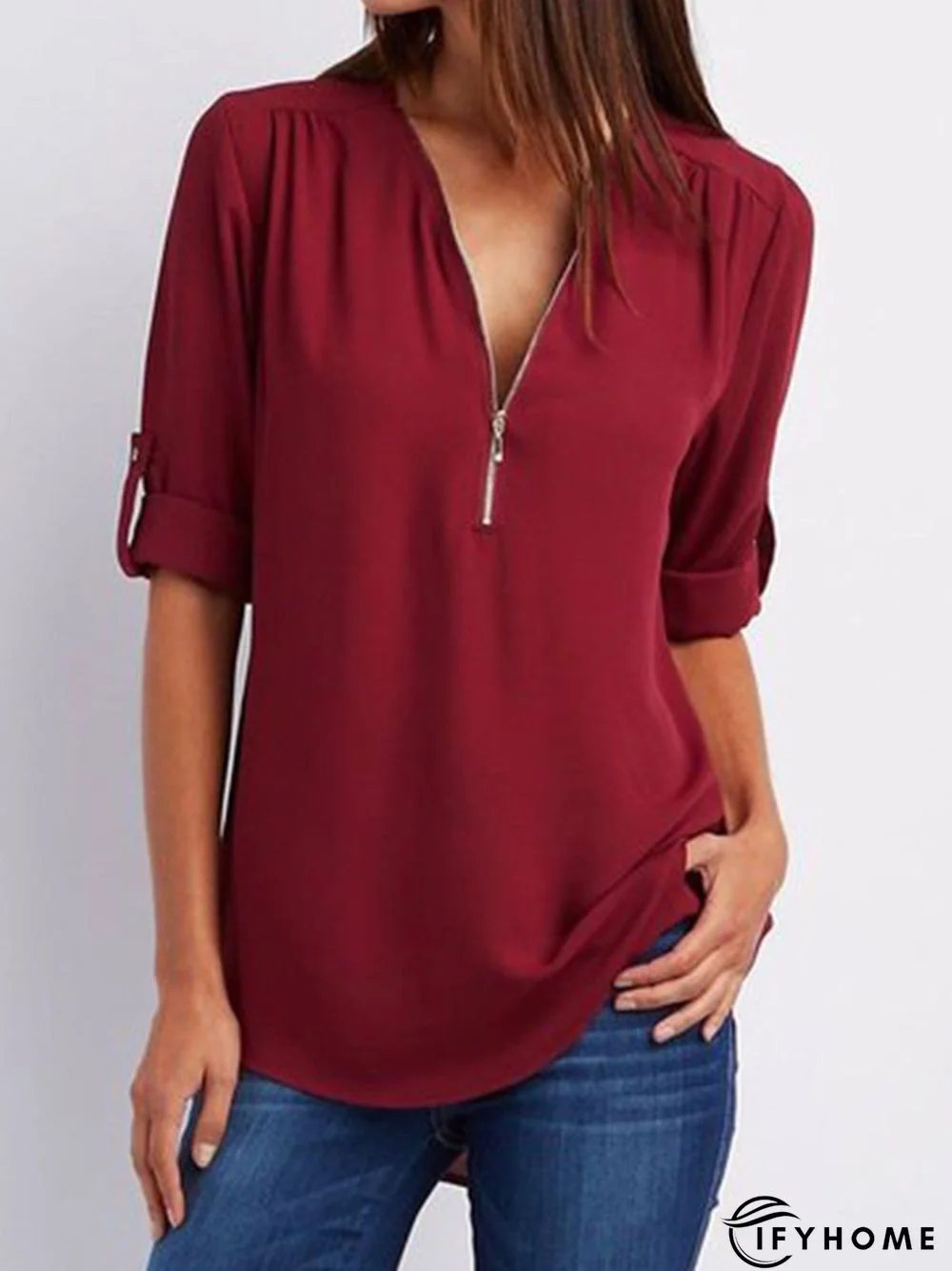 Women Casual Chiffon Solid Zipper Half Sleeve V neck Blouse | IFYHOME