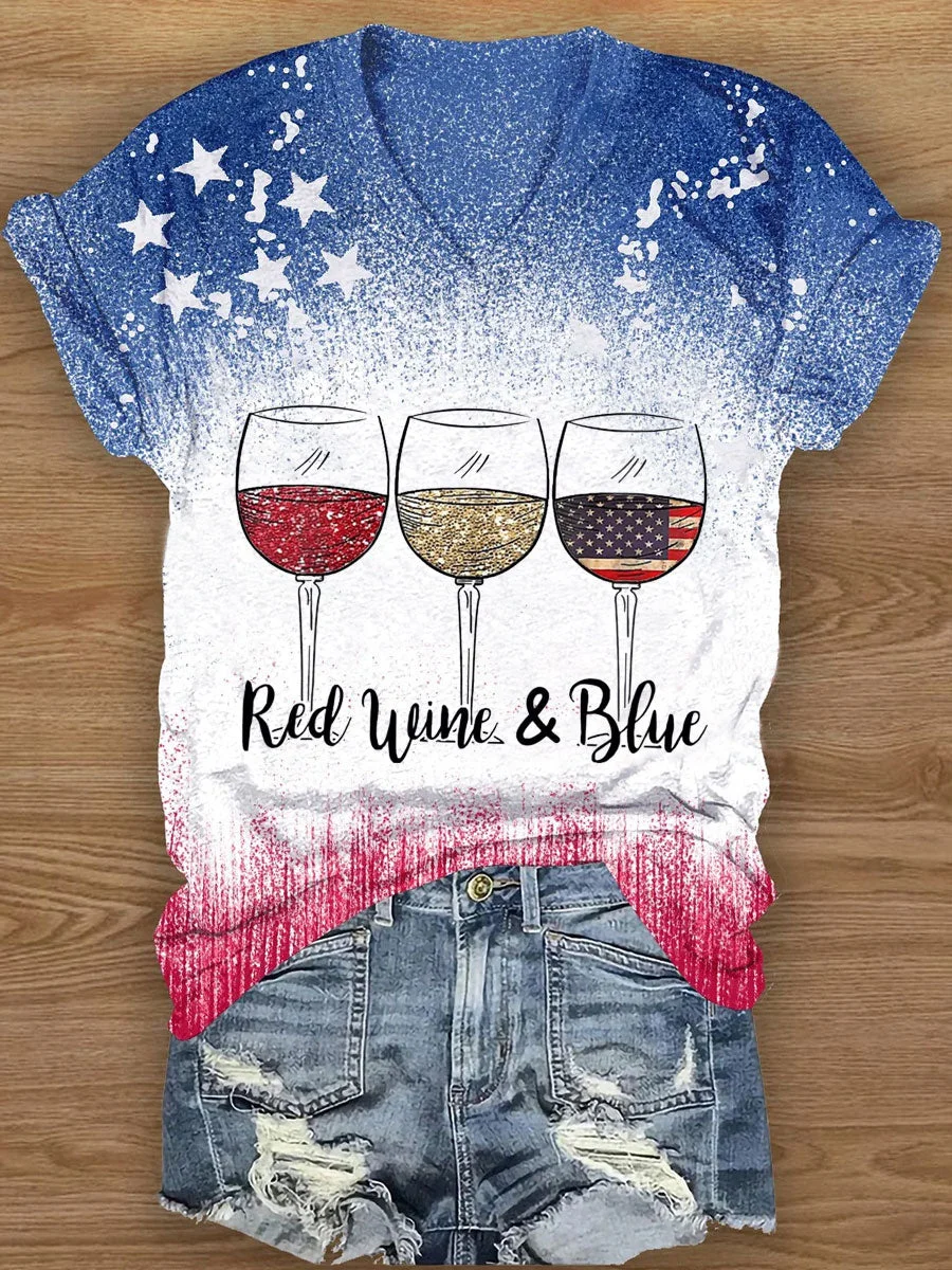Red Wine Blue Tie Dye V-neck T-shirt