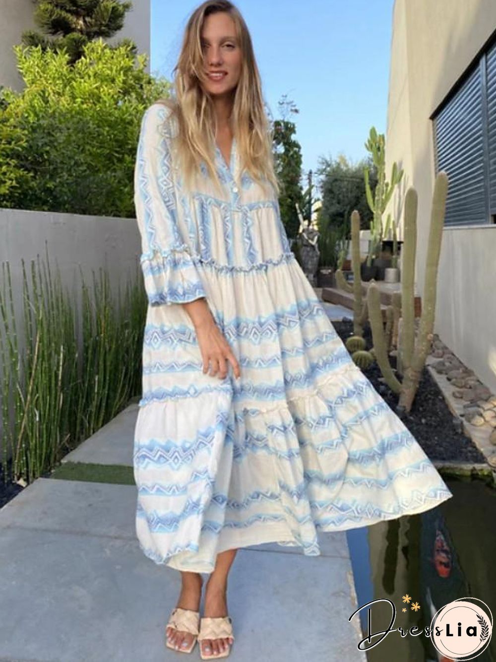 Women's Swing Dress Midi Dress Long Sleeve Print Print Fall Casual Light Blue S M L XL XXL